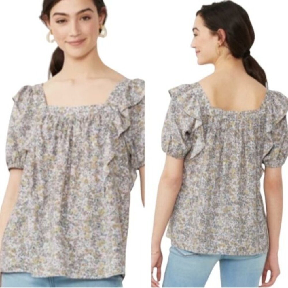 Lauren Conrad Boho Blouse Women Size XS Floral Print Short Sleeves Peasant Top